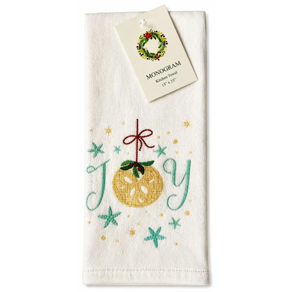 Christmas Beach Joy Kitchen Dish Towel Sand Dollar Starfish White Cotton Holiday